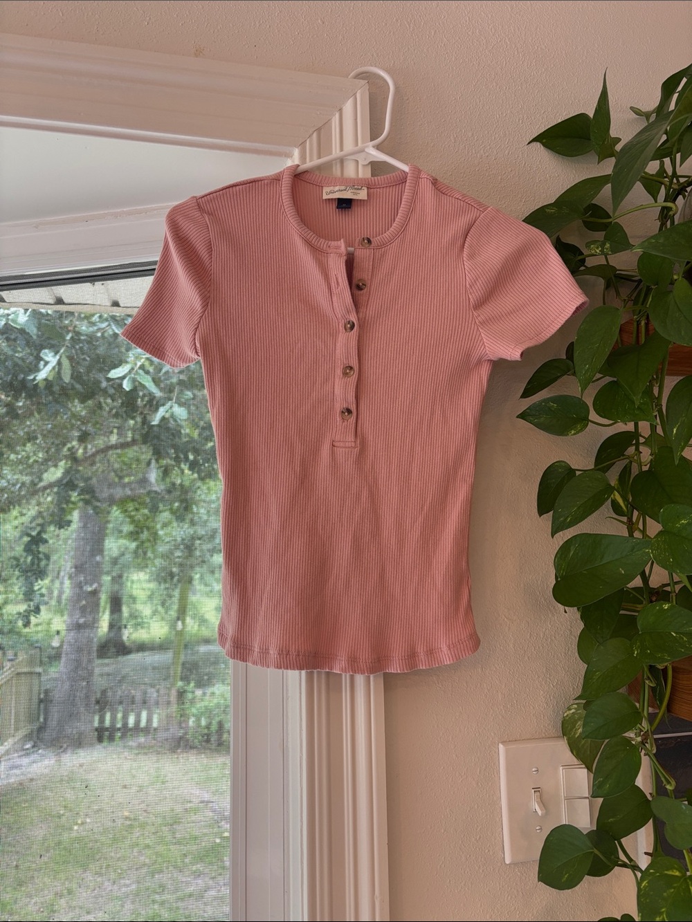 Universal Thread Pink Ribbed Henley Short Sleeve Top
